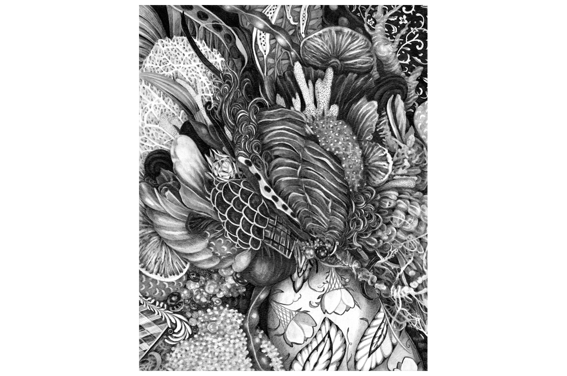 abstract black and white drawing with botanical motifs