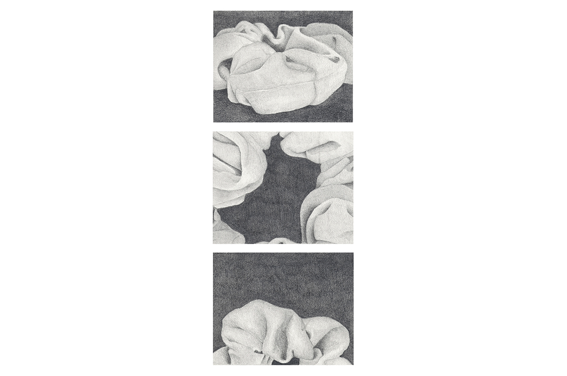 three sketches of a hair scrunchie in black and white from different angles
