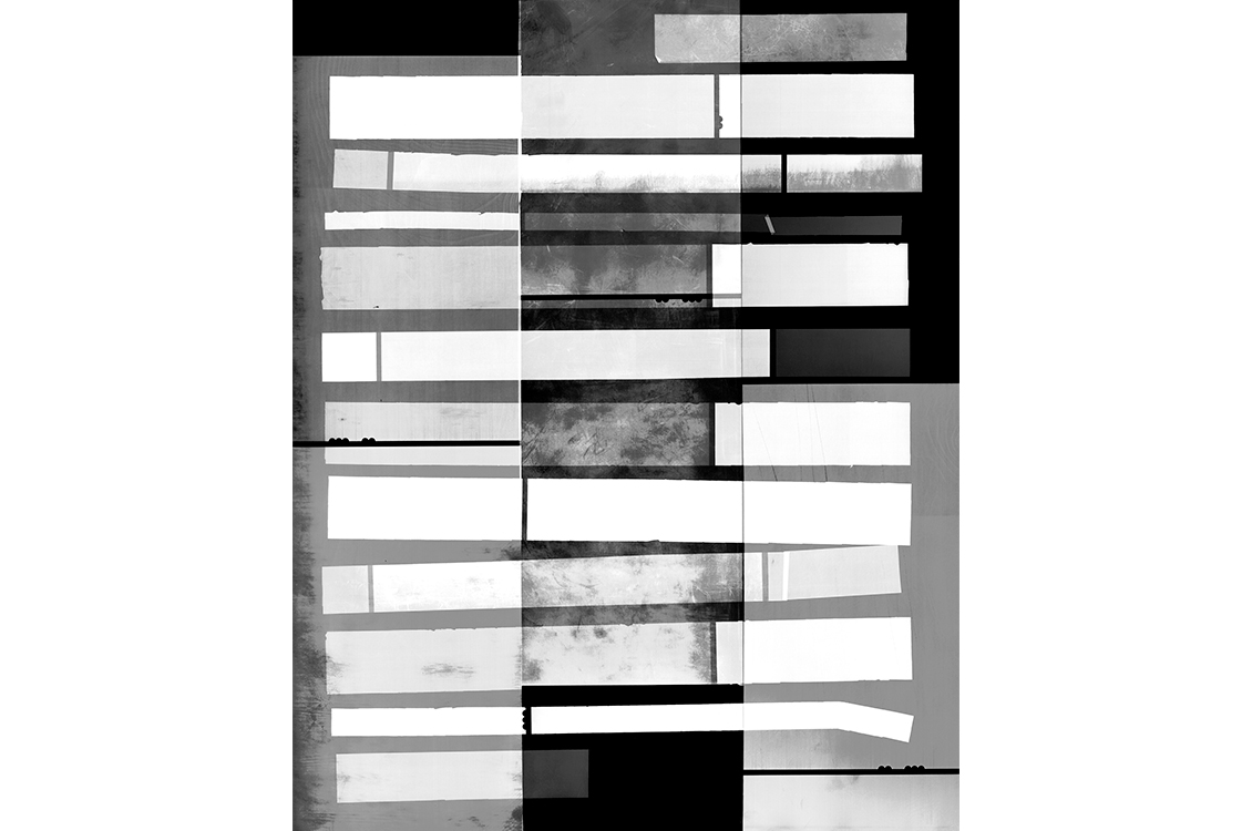 Cut up photographs in black and white arranged like rows of bricks.